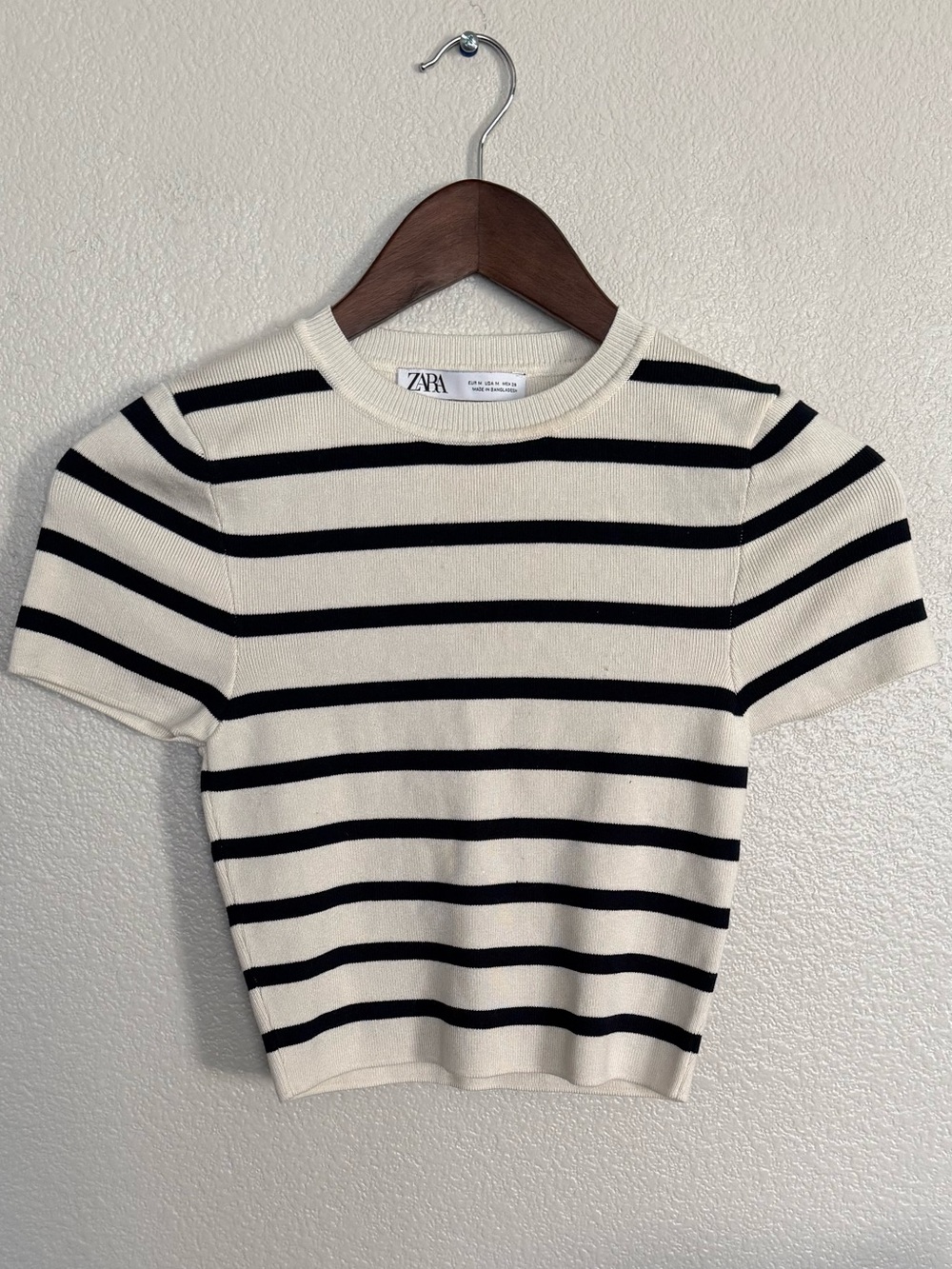 Zara Cream and Black Striped Crew Neck Tee